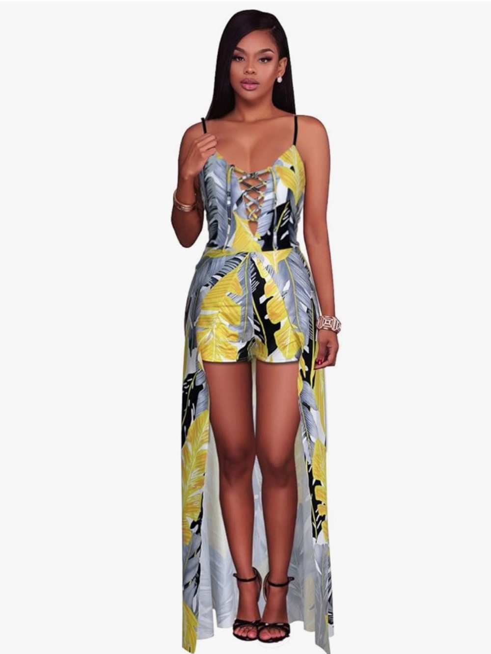 Yellow & Gray Tropical Lace-Up Romper Maxi Dress